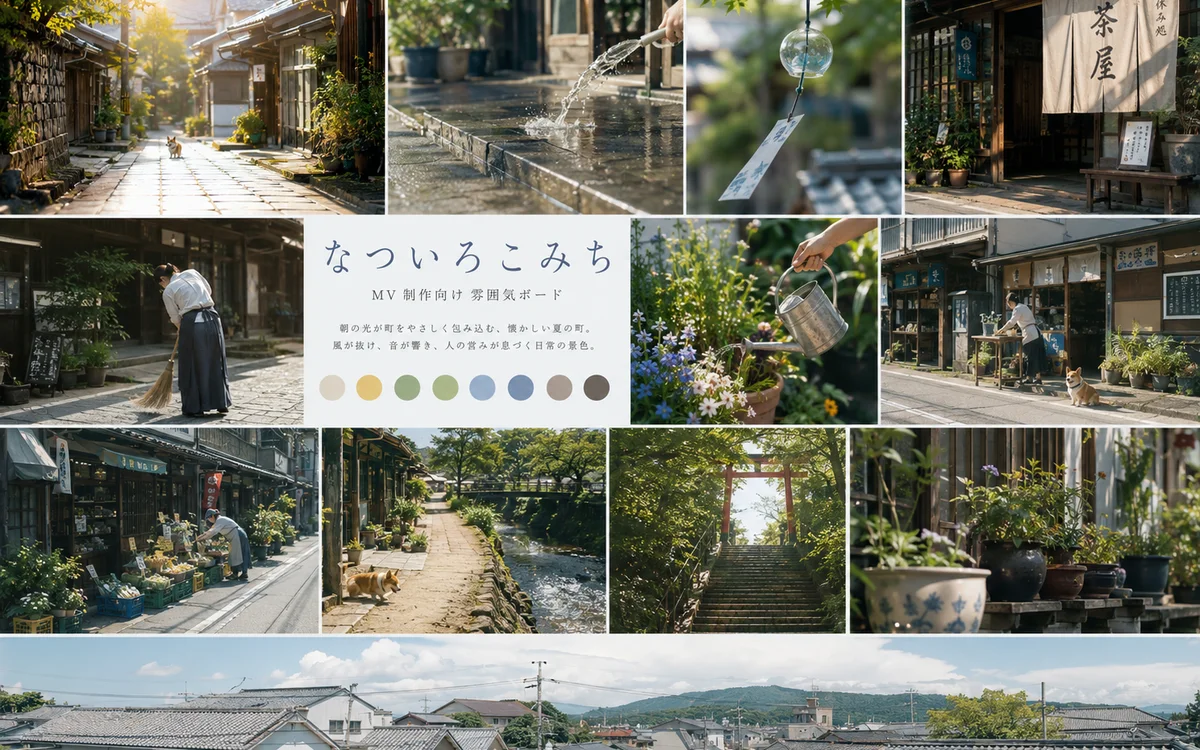 夏の町、風鈴、花、コーギーなどをまとめた映像制作向けの雰囲気ボード