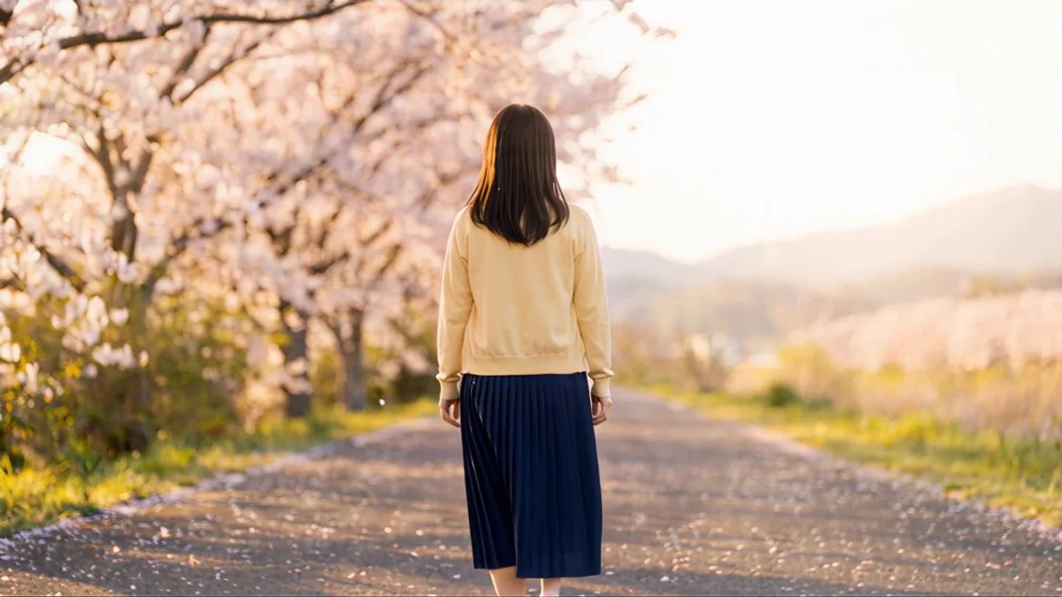 桜並木の先を見つめる人物を描いた明るい映像作品の一場面