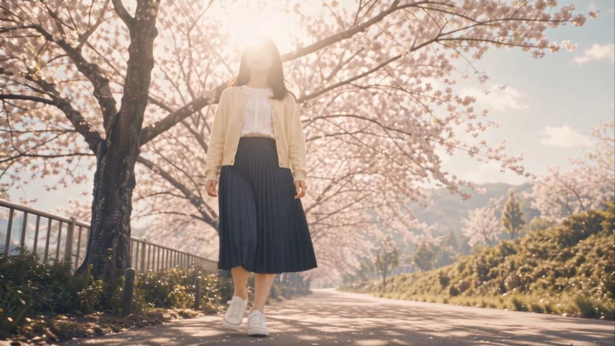 桜並木の朝の光の中に立つ女性を捉えたミュージックビデオの一場面