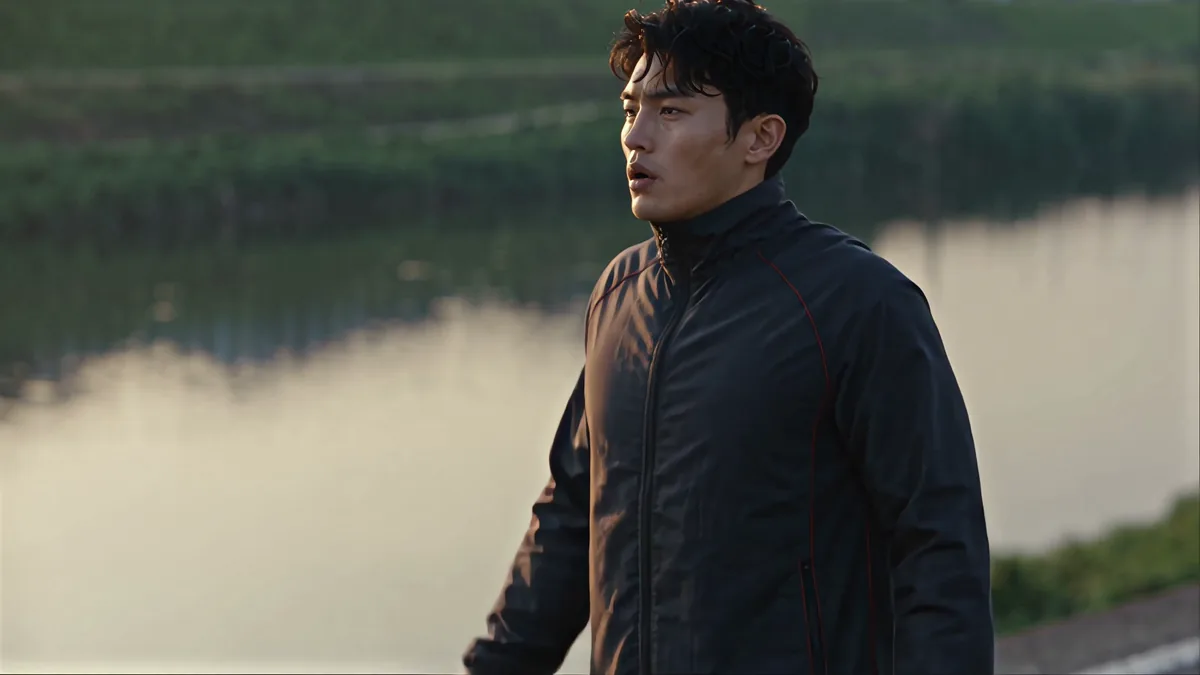 静かな湖畔に立つ人物を映画的な光で捉えた実写的な映像表現サンプル
